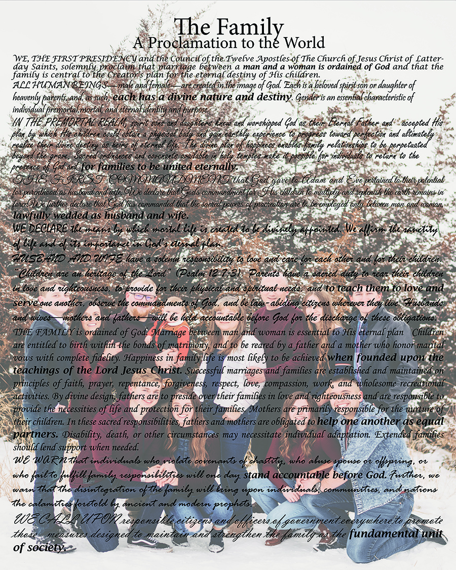 The family proclamation poster with family photo background